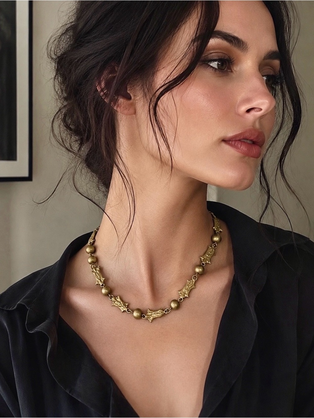 Antique Art Nouveau Brass Floral Collar Necklace • Edwardian 16”